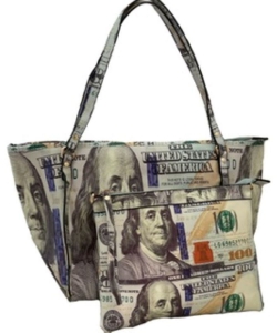 Oversize Hundred Dollar Bill Print Tote Bag With Pouch Set CA-6735 GRAY